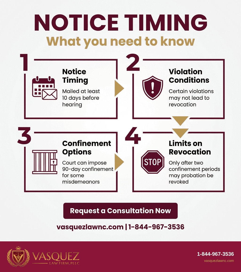 Línea de Tiempo del Proceso para Cómo las violaciones de libertad condicional en Johnston County pueden afectarle