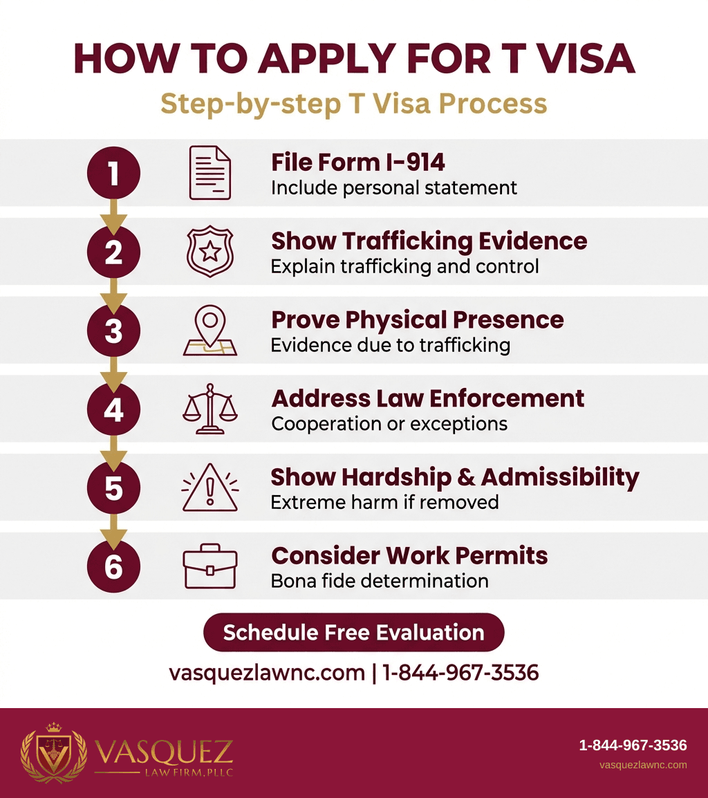 Línea de Tiempo del Proceso para Cómo los sobrevivientes con visa T buscan protección y permisos de trabajo