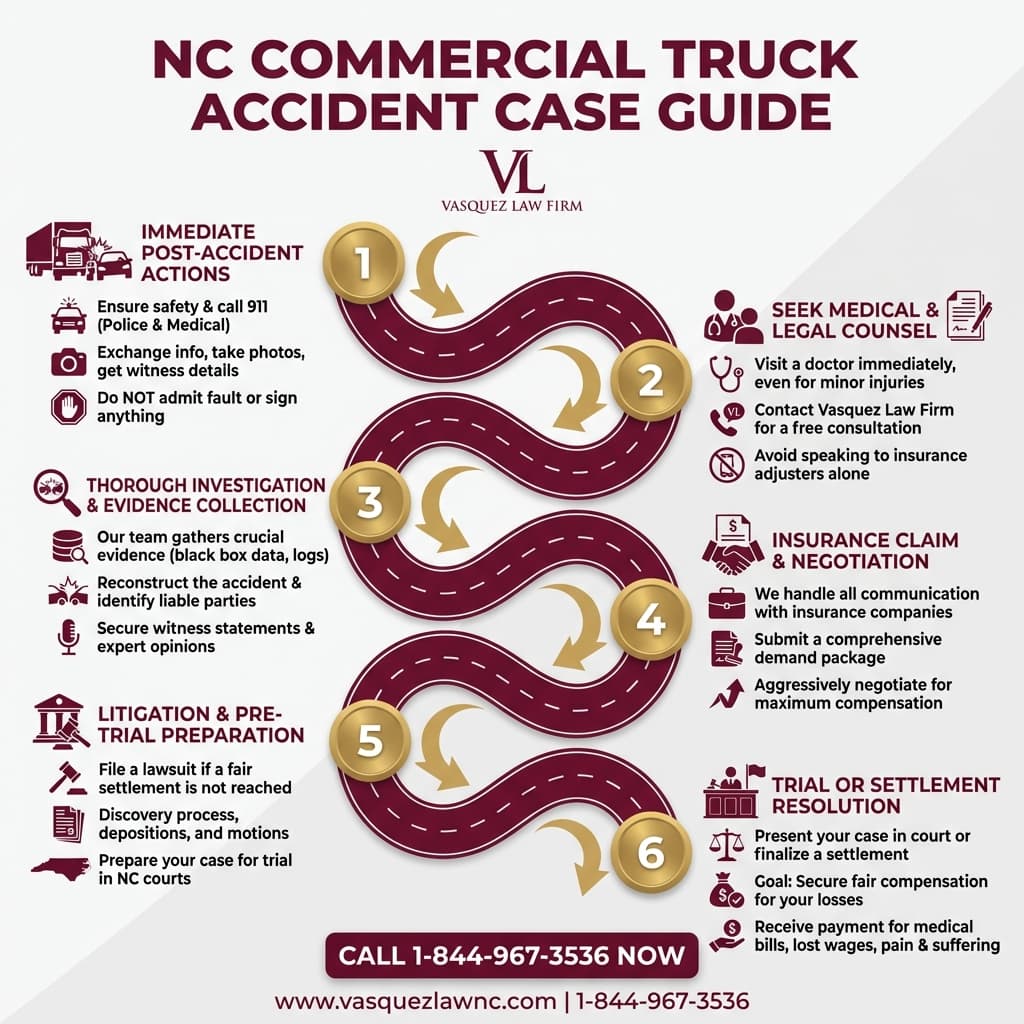 Infografía 1 para Cómo se Tramita un Caso por Accidente de Camión en Smithfield, Carolina del Norte en 2026