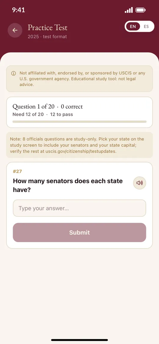 Amparo app screen: Practice for citizenship