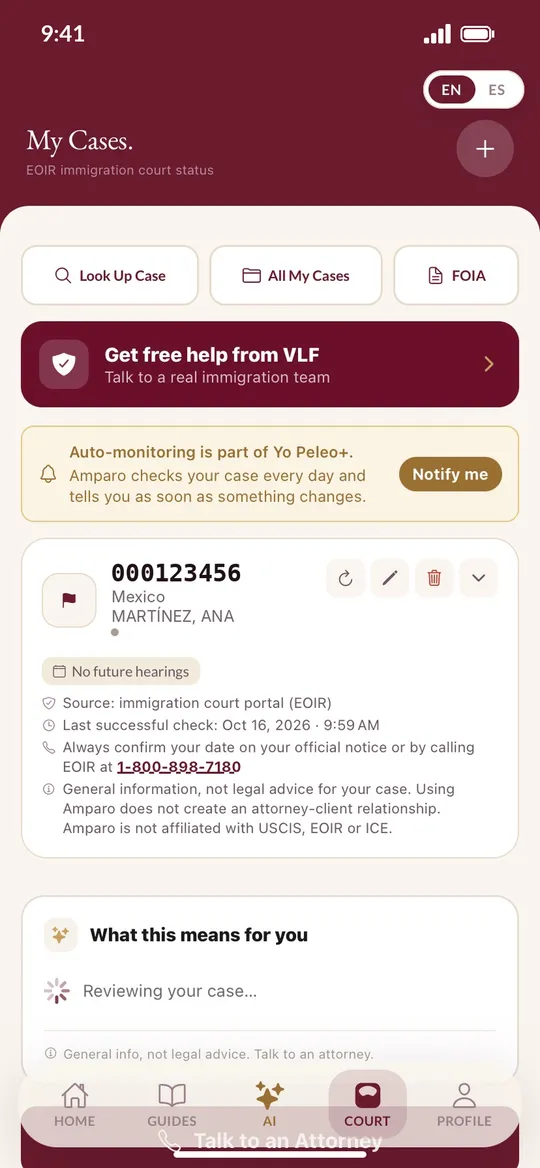Amparo app screen: Track your court case