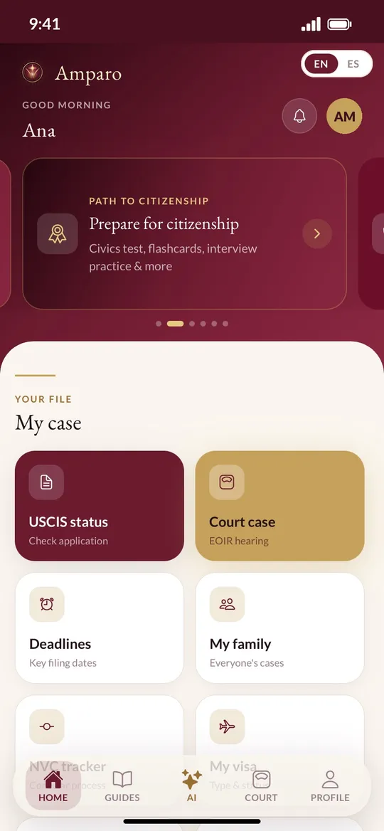 Amparo app screen: Your case at a glance