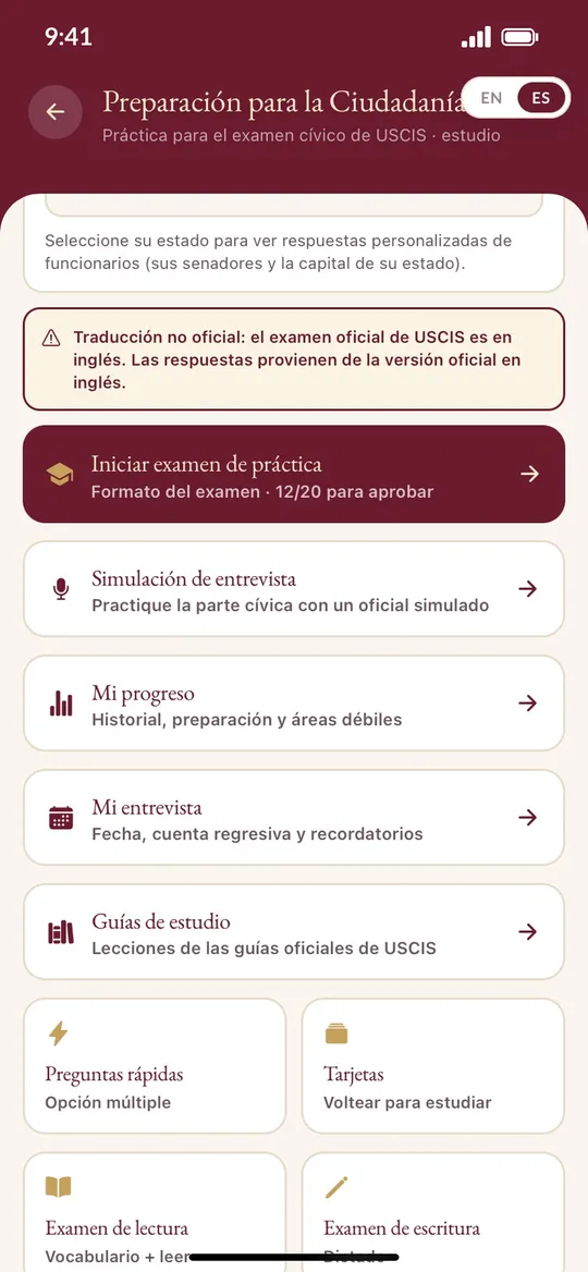 Pantalla de la app Amparo: Prepárese para la ciudadanía