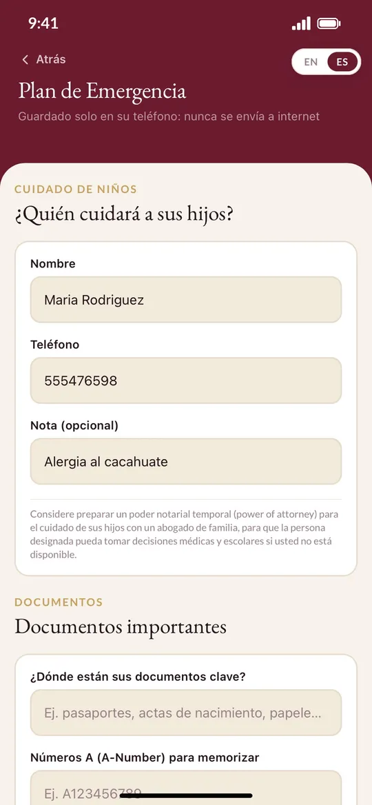 Pantalla de la app Amparo: Plan de emergencia familiar